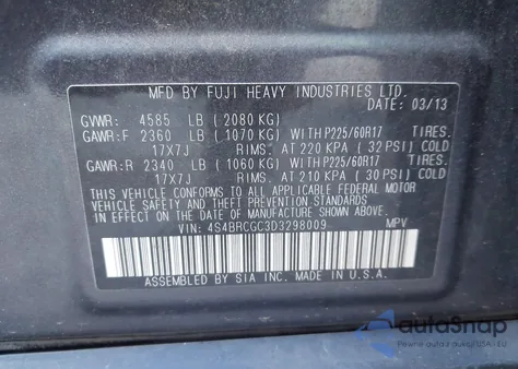 2013 Subaru Outback 2.5I Premium from USA, damaged, VIN 4S4BRCGC3D3298009